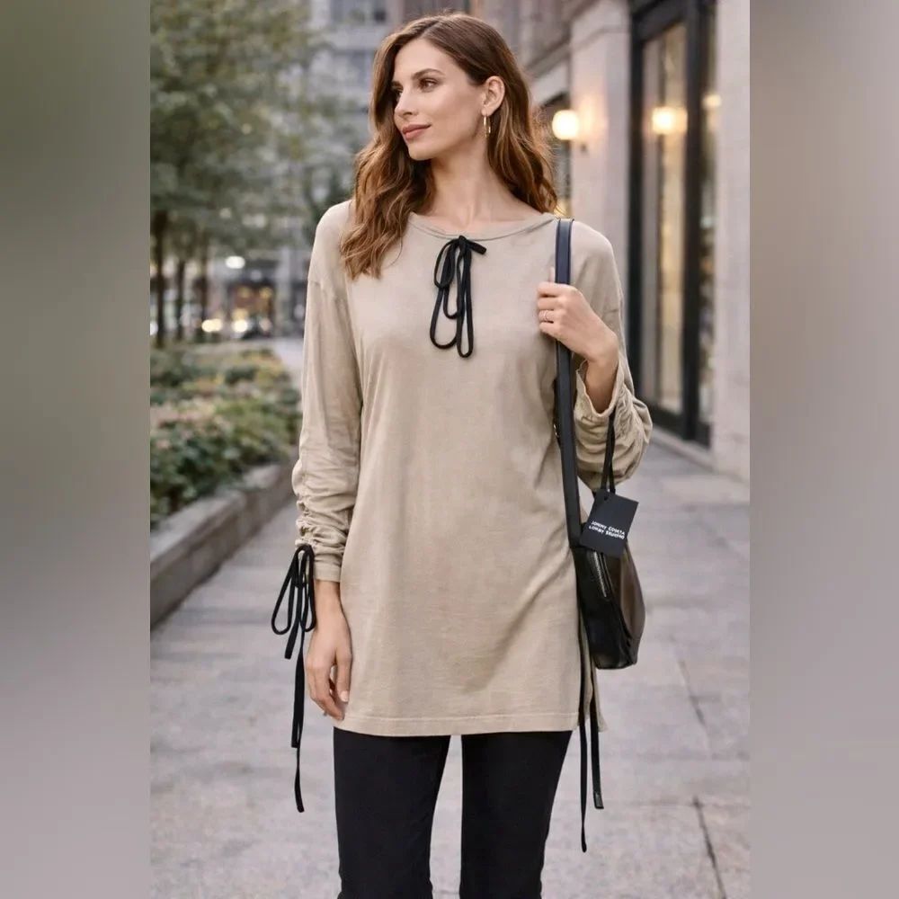 Jonny Cota Studio Bamboo Tie-Sleeve Tunic Top in Neutral (NWT)
